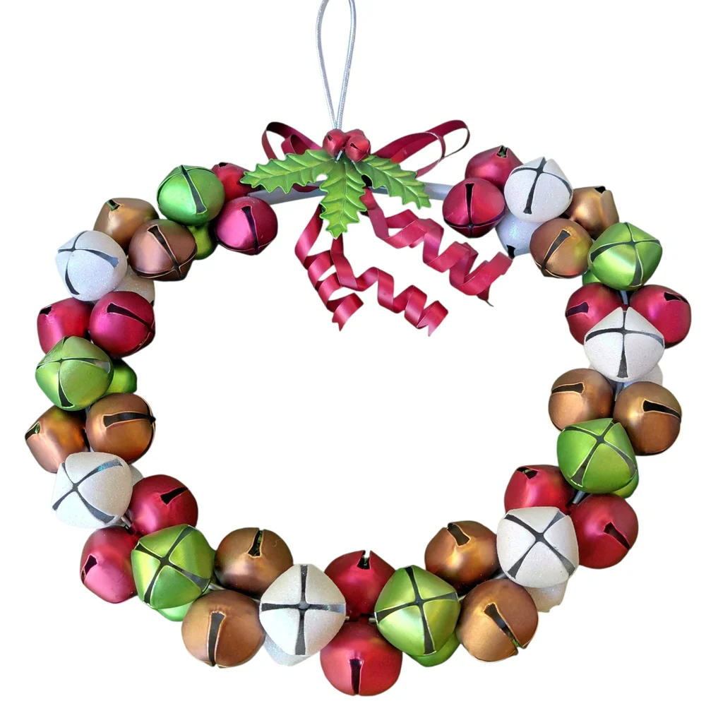 Festive Multicolor Jingle Bell Christmas Door Wreath Metal Holly & Ribbon Bow